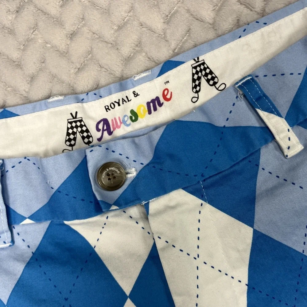 Royal & Awesome Golf Shorts Mens Size 34 Blue Argyle Cotton Stretch Outdoor
